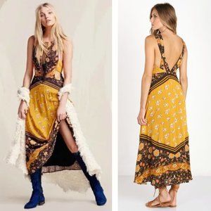 Free People 60's Sunrise Oblivion Maxi Dress Antique Gold Bohemian Floral